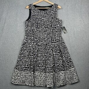 Lauren Ralph Lauren Dress Womens 14 Black White Sleeveless A Line Geo Print NEW